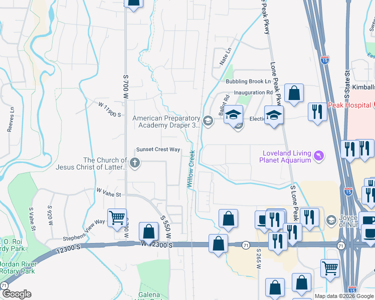 map of restaurants, bars, coffee shops, grocery stores, and more near 11979 Draper Ridge Drive in Draper