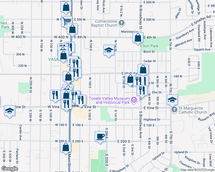 map of restaurants, bars, coffee shops, grocery stores, and more near 141 North Pinehurst Avenue in Tooele