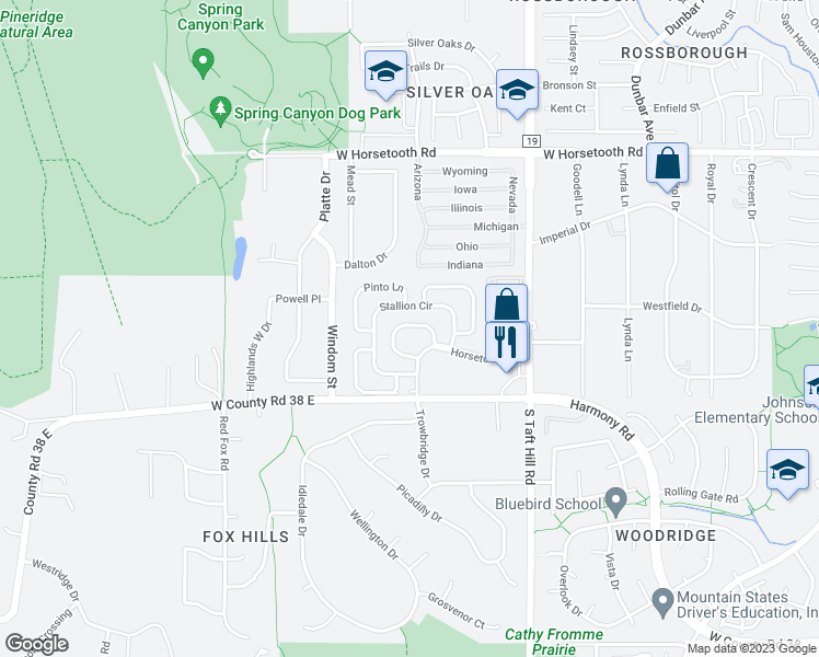 map of restaurants, bars, coffee shops, grocery stores, and more near 146 Colt Circle in Fort Collins