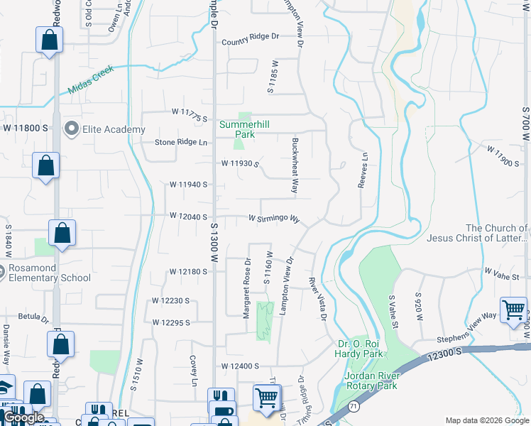 map of restaurants, bars, coffee shops, grocery stores, and more near 1154 Sirmingo Way in Riverton