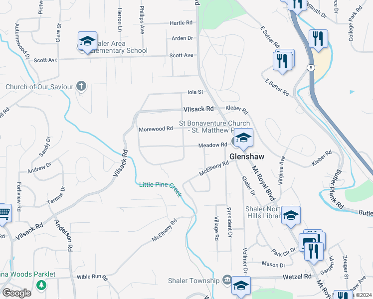 map of restaurants, bars, coffee shops, grocery stores, and more near 311 Meadow Road in Glenshaw