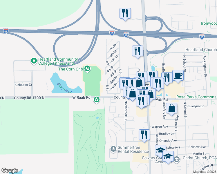 map of restaurants, bars, coffee shops, grocery stores, and more near 1708 B Street in Normal