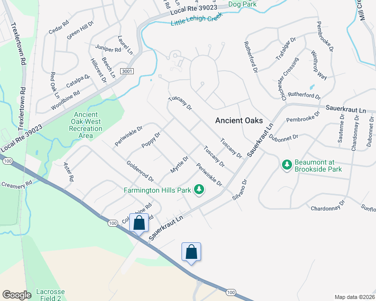 map of restaurants, bars, coffee shops, grocery stores, and more near 7129 Myrtle Drive in Macungie