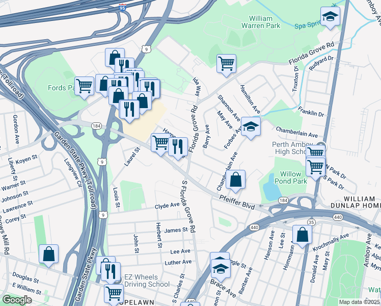 map of restaurants, bars, coffee shops, grocery stores, and more near 519 North Florida Grove Road in Perth Amboy