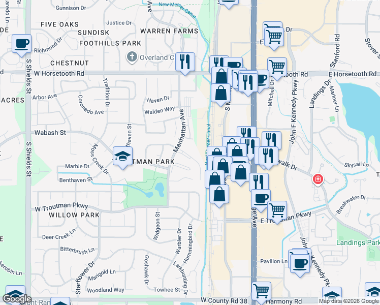 map of restaurants, bars, coffee shops, grocery stores, and more near 352 Albion Way in Fort Collins