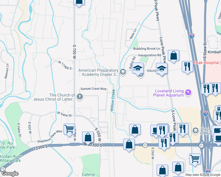 map of restaurants, bars, coffee shops, grocery stores, and more near 11979 Draper Ridge Drive in Draper