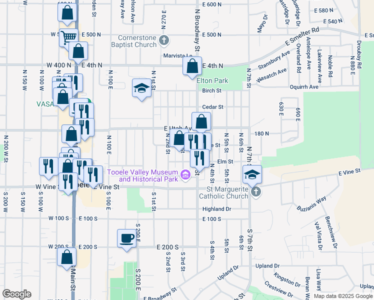 map of restaurants, bars, coffee shops, grocery stores, and more near 141 North Broadway Street in Tooele