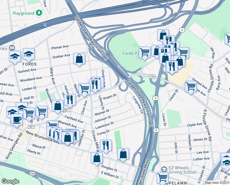 map of restaurants, bars, coffee shops, grocery stores, and more near 604 King Georges Road in Woodbridge Township