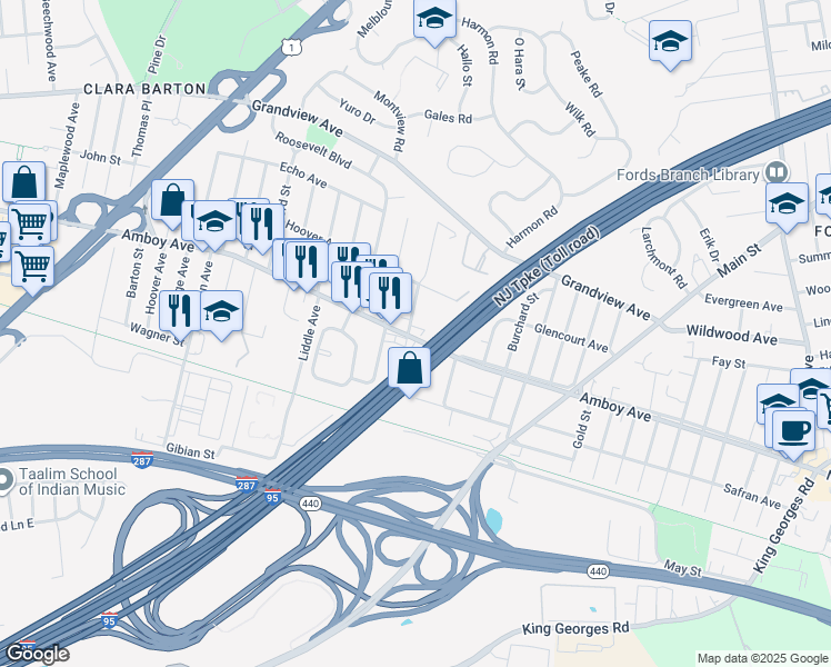 map of restaurants, bars, coffee shops, grocery stores, and more near 904 Amboy Avenue in Edison