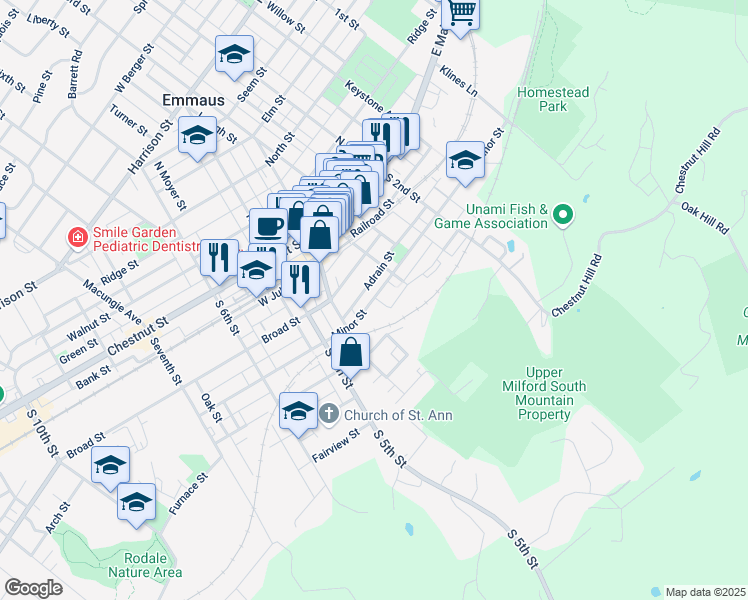 map of restaurants, bars, coffee shops, grocery stores, and more near 368 Minor Street in Emmaus