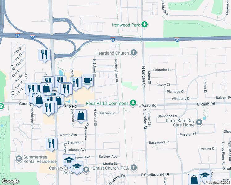 map of restaurants, bars, coffee shops, grocery stores, and more near 102 Kenwood Court in Normal