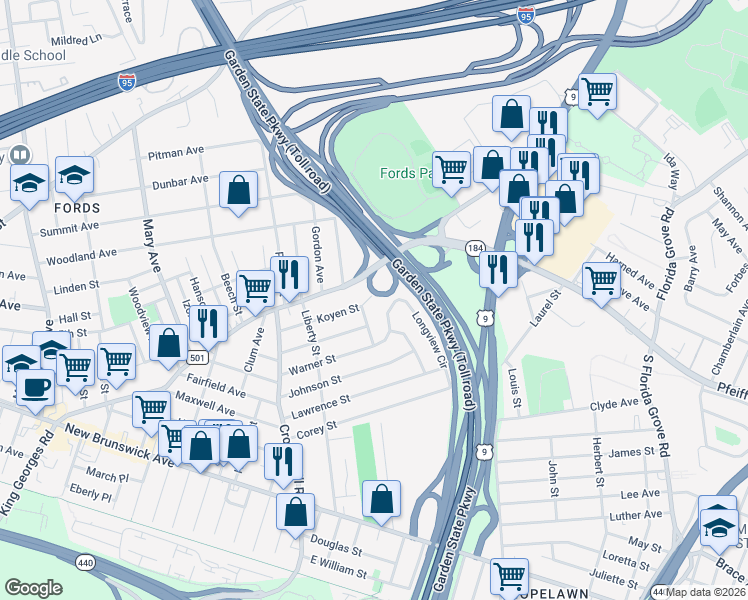 map of restaurants, bars, coffee shops, grocery stores, and more near 91 Koyen Street in Woodbridge Township
