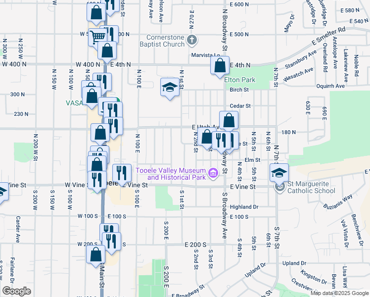 map of restaurants, bars, coffee shops, grocery stores, and more near 140 1st Street in Tooele