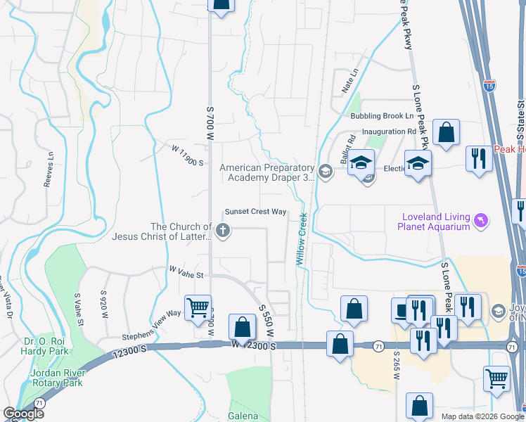 map of restaurants, bars, coffee shops, grocery stores, and more near 566 Sunset Crest Way in Draper