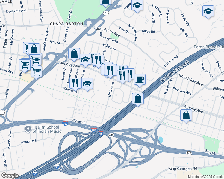 map of restaurants, bars, coffee shops, grocery stores, and more near 122 MacArthur Drive in Edison