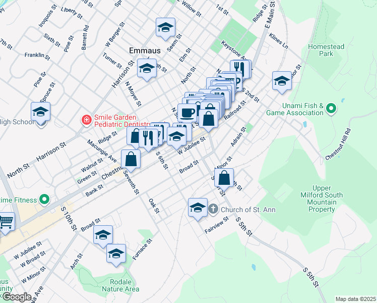 map of restaurants, bars, coffee shops, grocery stores, and more near 518 West Jubilee Street in Emmaus