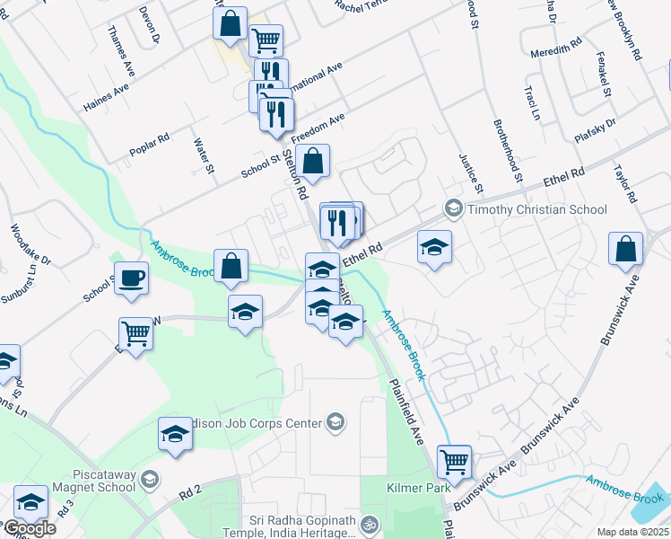 map of restaurants, bars, coffee shops, grocery stores, and more near 1660 Stelton Road in Piscataway Township