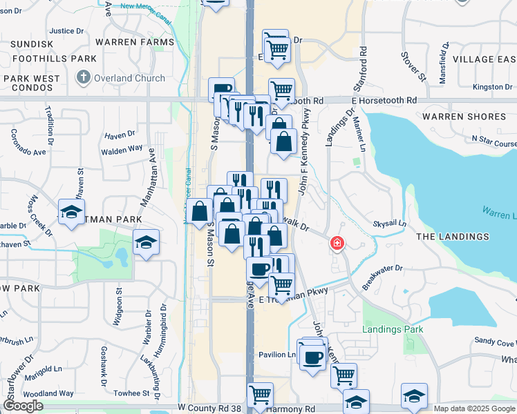 map of restaurants, bars, coffee shops, grocery stores, and more near 110 West Boardwalk Drive in Fort Collins
