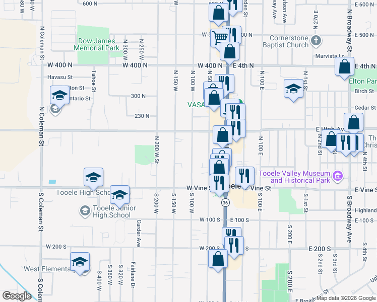 map of restaurants, bars, coffee shops, grocery stores, and more near 131 North 100 West in Tooele