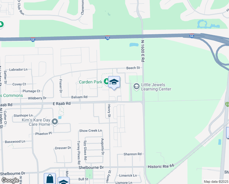 map of restaurants, bars, coffee shops, grocery stores, and more near 1300 East Raab Road in Normal