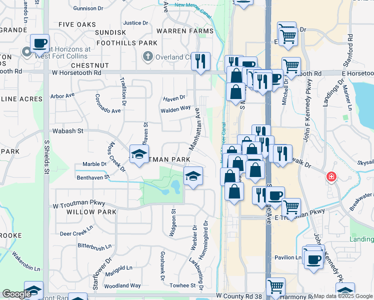 map of restaurants, bars, coffee shops, grocery stores, and more near 3907 Manhattan Avenue in Fort Collins