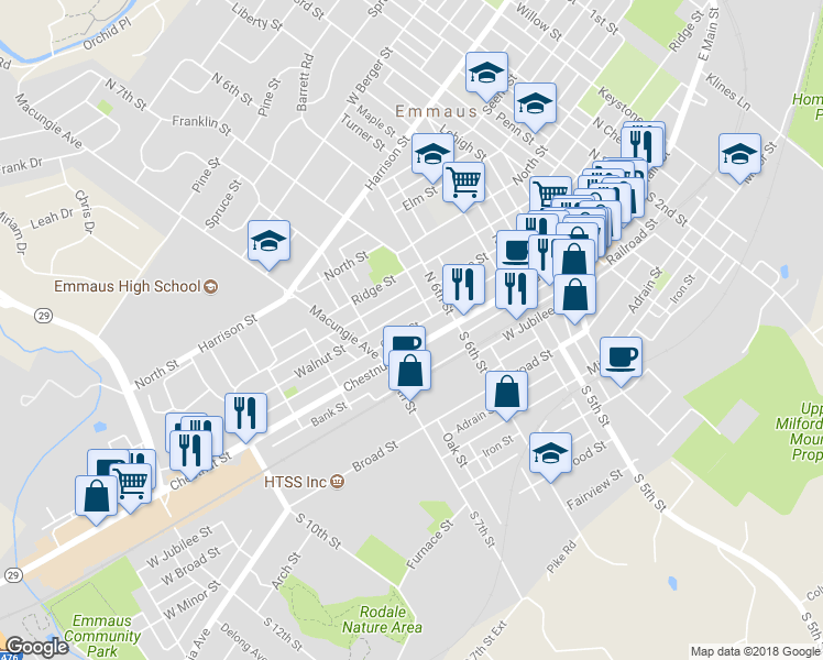 map of restaurants, bars, coffee shops, grocery stores, and more near 643 Green Street in Emmaus