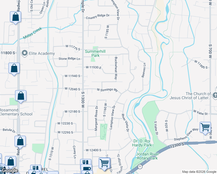map of restaurants, bars, coffee shops, grocery stores, and more near 1154 Sirmingo Way in Riverton