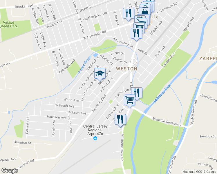 map of restaurants, bars, coffee shops, grocery stores, and more near 8 Czaplicki Street in Manville