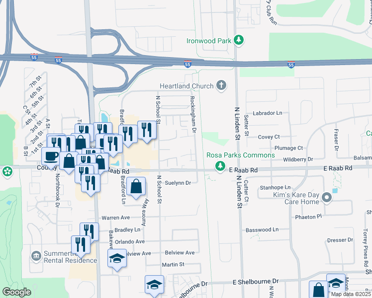 map of restaurants, bars, coffee shops, grocery stores, and more near 102 Kenwood Court in Normal