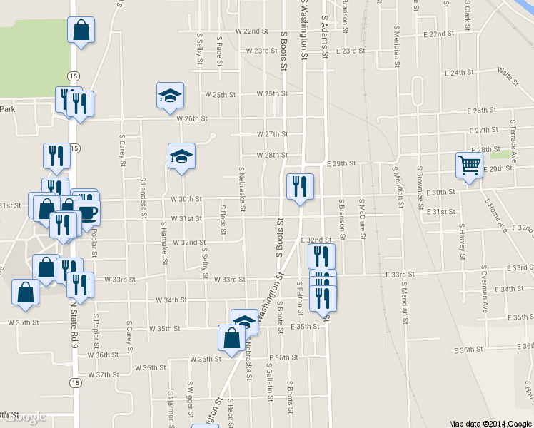 map of restaurants, bars, coffee shops, grocery stores, and more near 3023 South Gallatin Street in Marion