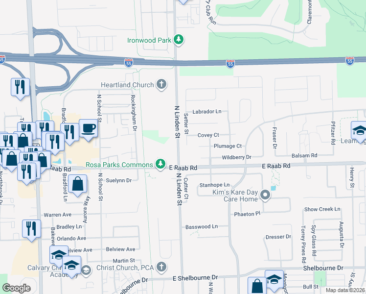 map of restaurants, bars, coffee shops, grocery stores, and more near 1707 Setter Street in Normal
