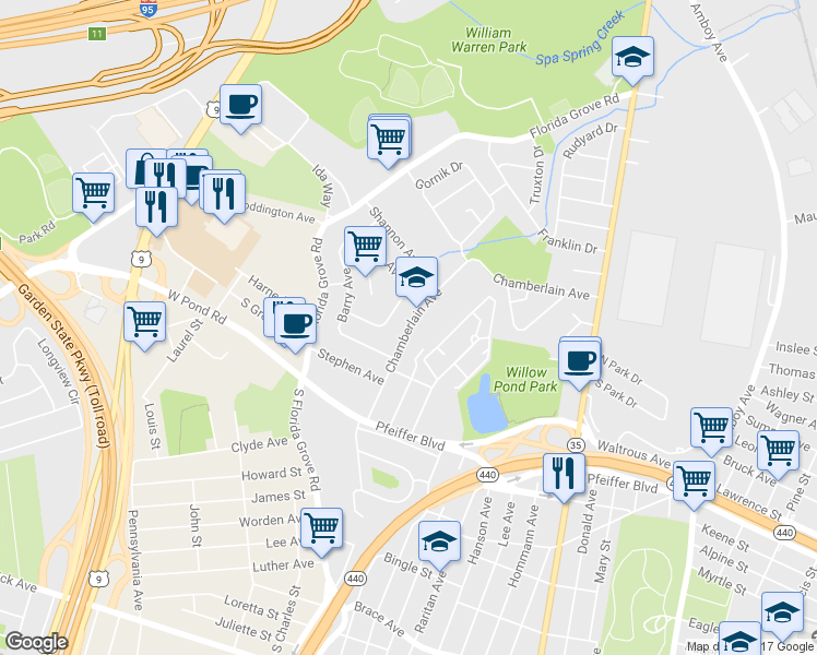 map of restaurants, bars, coffee shops, grocery stores, and more near 837 Chamberlain Avenue in Perth Amboy