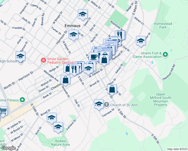 map of restaurants, bars, coffee shops, grocery stores, and more near 518 West Jubilee Street in Emmaus