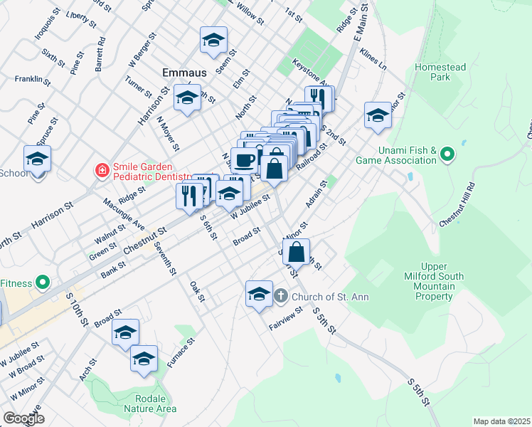 map of restaurants, bars, coffee shops, grocery stores, and more near 41 South 5th Street in Emmaus