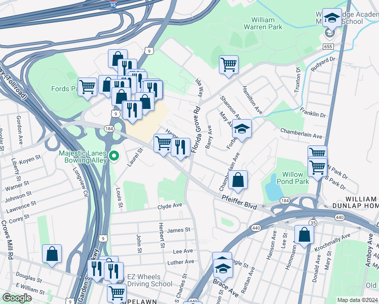 map of restaurants, bars, coffee shops, grocery stores, and more near 559 Florida Grove Road in Perth Amboy