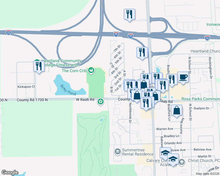 map of restaurants, bars, coffee shops, grocery stores, and more near 9-63 B Street in Normal
