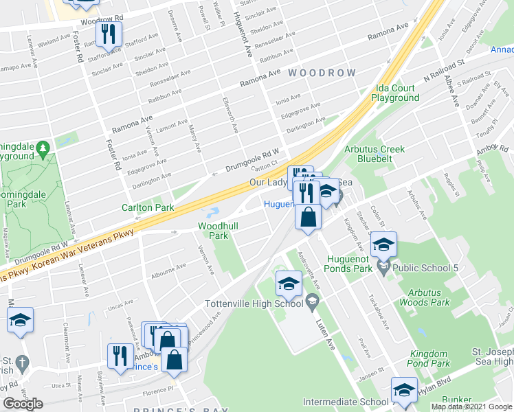 map of restaurants, bars, coffee shops, grocery stores, and more near 81 West Terrace in Staten Island