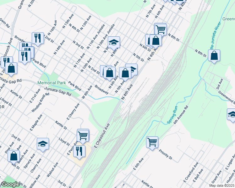 map of restaurants, bars, coffee shops, grocery stores, and more near 115 N Park Pl in Altoona