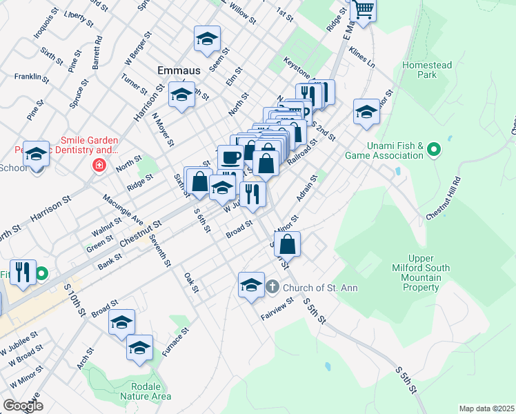 map of restaurants, bars, coffee shops, grocery stores, and more near 41 South 5th Street in Emmaus