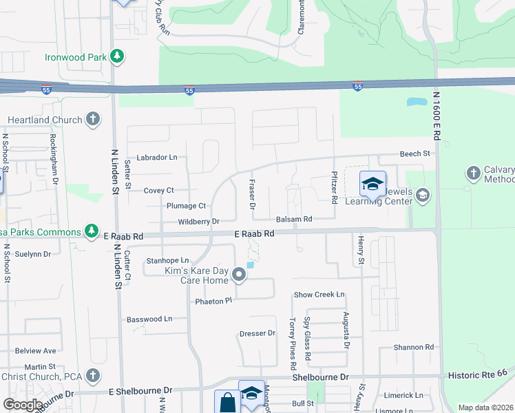 map of restaurants, bars, coffee shops, grocery stores, and more near 1705 Blue Spruce Court in Normal