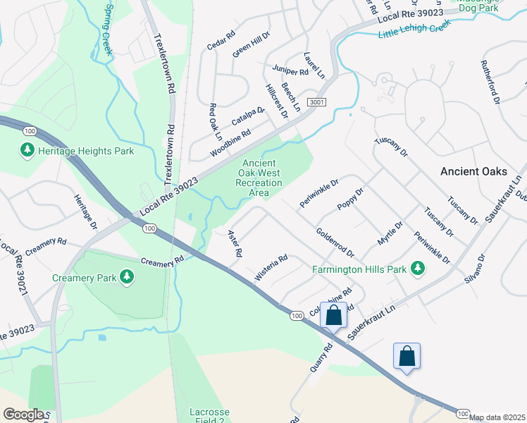 map of restaurants, bars, coffee shops, grocery stores, and more near 1924 Aster Road in Macungie