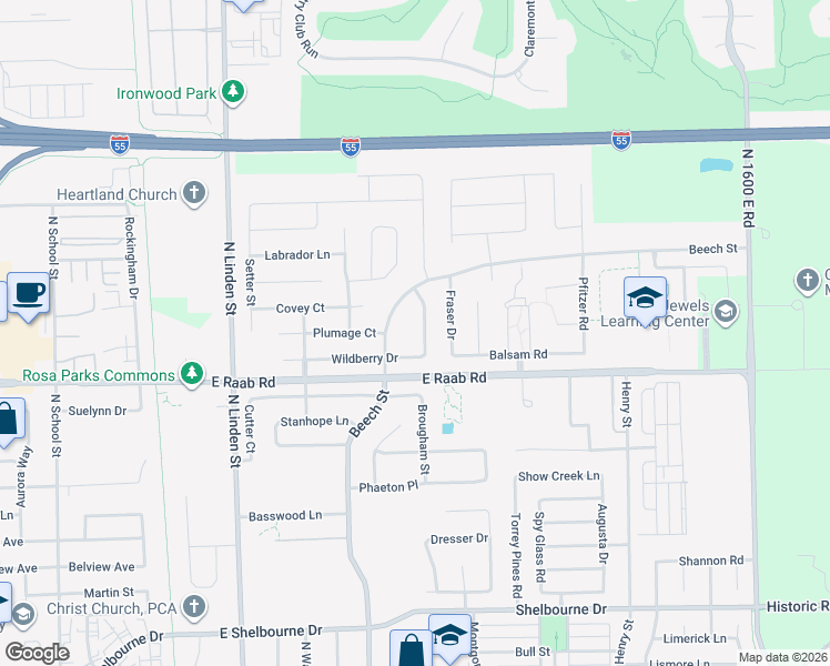 map of restaurants, bars, coffee shops, grocery stores, and more near 1710 Sunrise Point in Normal