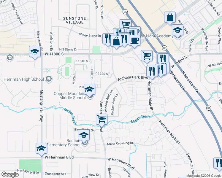 map of restaurants, bars, coffee shops, grocery stores, and more near 12018 Window Arch Lane in Herriman