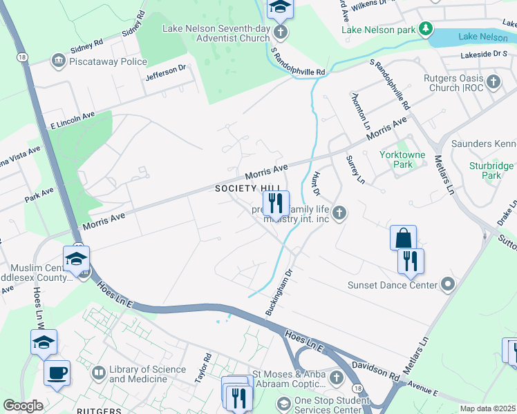 map of restaurants, bars, coffee shops, grocery stores, and more near 55 Canterbury Court in Piscataway
