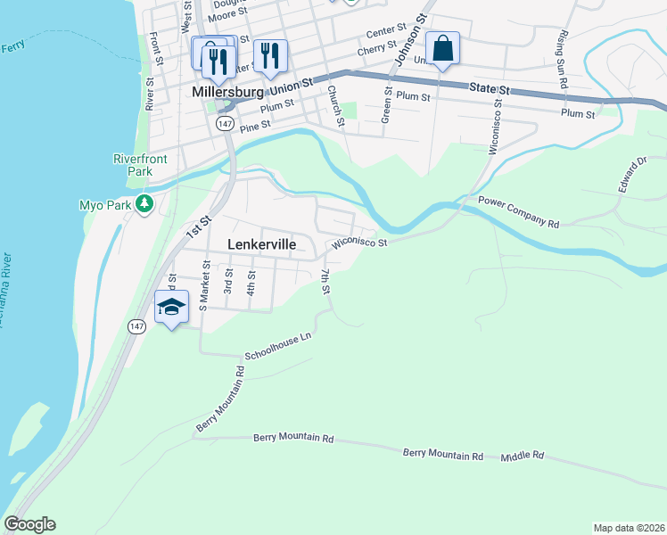 map of restaurants, bars, coffee shops, grocery stores, and more near 610 Center Street in Millersburg