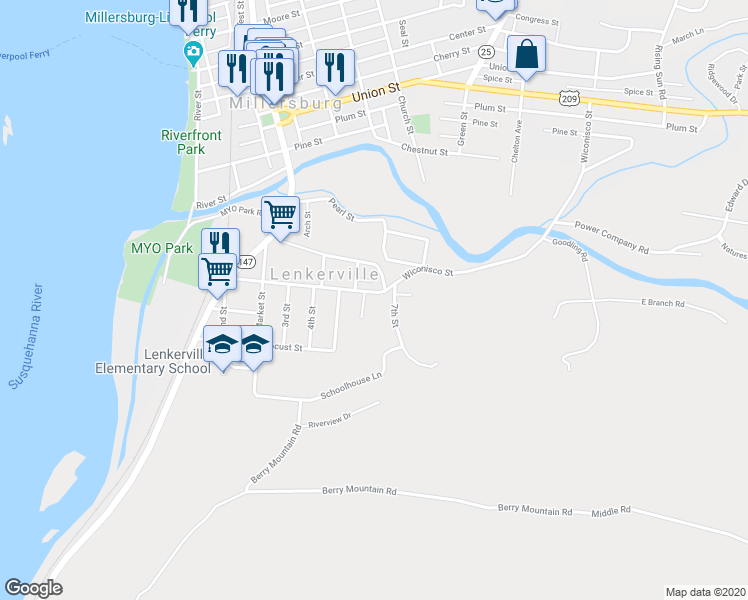 map of restaurants, bars, coffee shops, grocery stores, and more near 105 6th Street in Millersburg