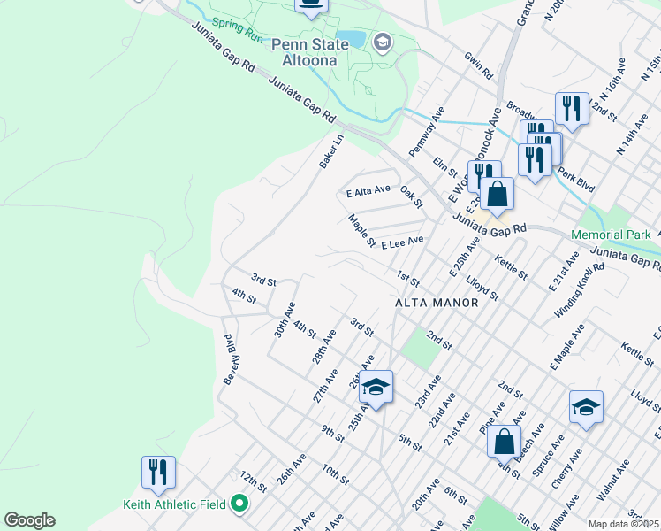 map of restaurants, bars, coffee shops, grocery stores, and more near 500-698 College Park Drive in Altoona