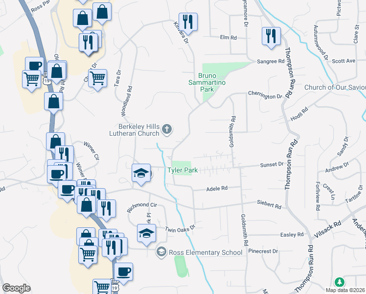 map of restaurants, bars, coffee shops, grocery stores, and more near 516 Sangree Road in Pittsburgh