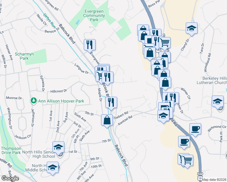 map of restaurants, bars, coffee shops, grocery stores, and more near 3316 Evergreen Road in Pittsburgh