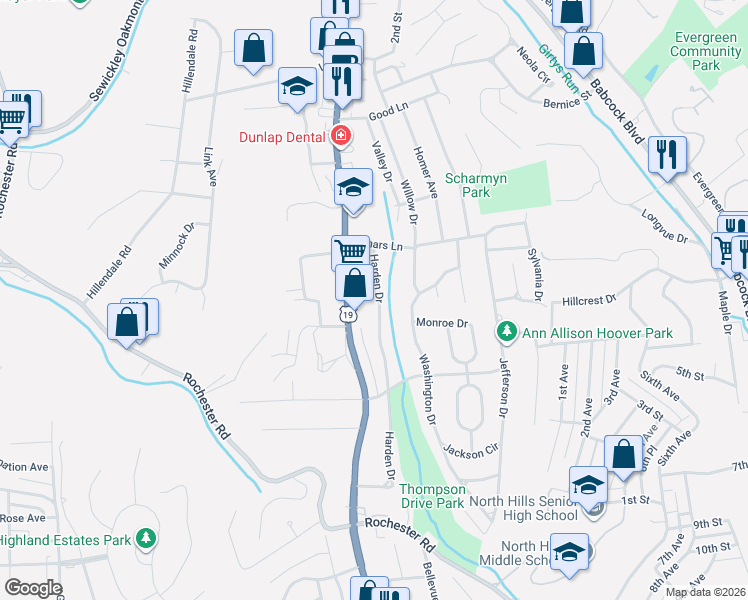 map of restaurants, bars, coffee shops, grocery stores, and more near 954 Harden Drive in Pittsburgh